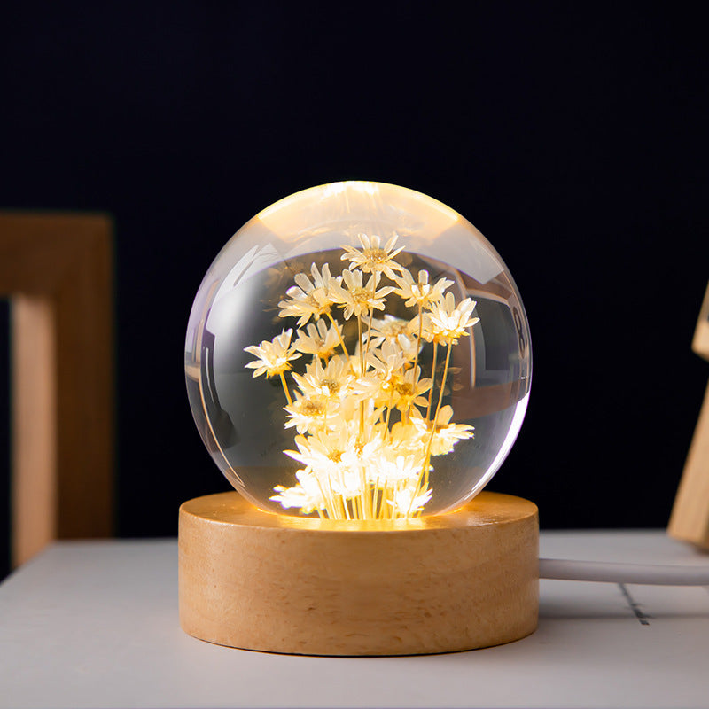 Luminous 3D Dandelion Crystal Ball Beech Wood Stand