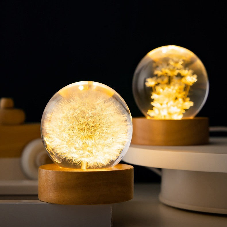 Luminous 3D Dandelion Crystal Ball Beech Wood Stand